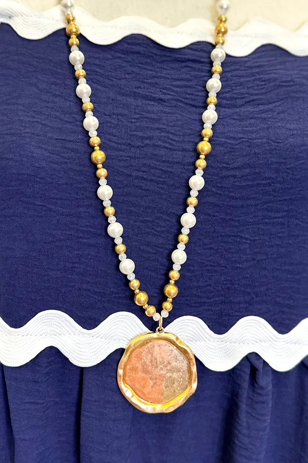 Long Pearl Beaded Necklace With Hammered Circular Pendant Gold Judson Necklaces Long Pearl Beaded Necklace With Hammered Circular Pendant Gold Judson Necklaces