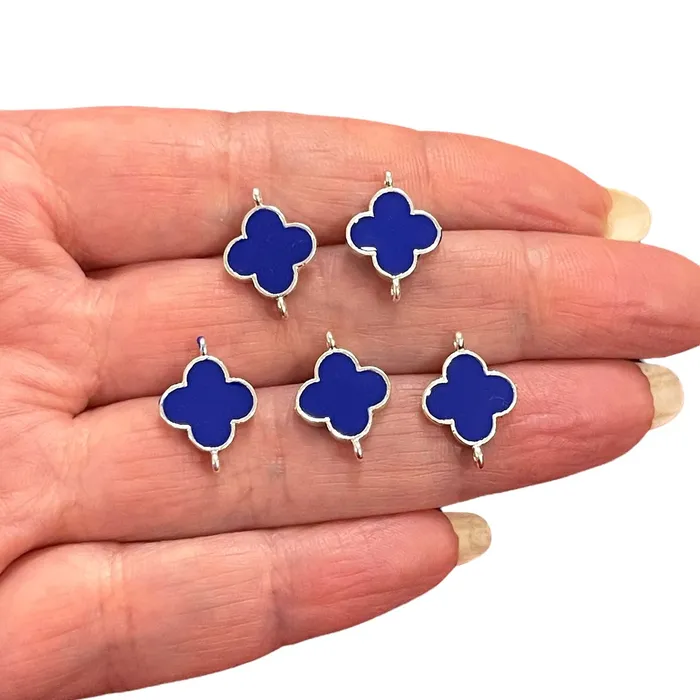 Peppy Beads Earrings Silver Plated Navy Enamelled Clover Connector Charms 5 pcs in a pack