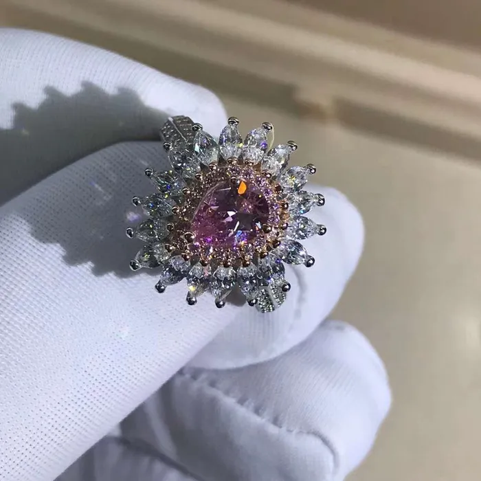 1 Carat Pink Pear Cut Double Halo Starburst Beadset Moissanite Ring Leyloon Jewelry Rings