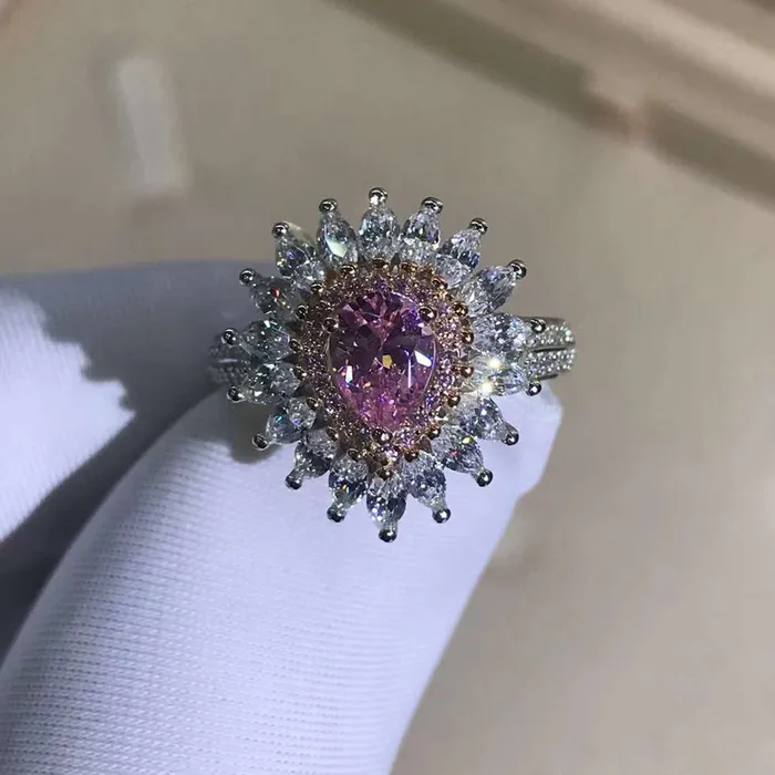 1 Carat Pink Pear Cut Double Halo Starburst Beadset Moissanite Ring Leyloon Jewelry Rings