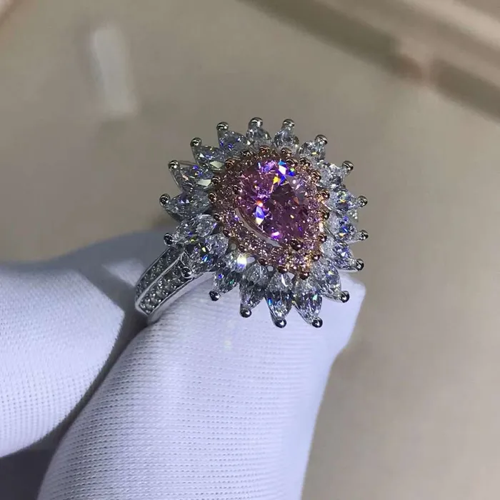 1 Carat Pink Pear Cut Double Halo Starburst Beadset Moissanite Ring Leyloon Jewelry Rings