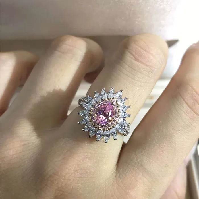 1 Carat Pink Pear Cut Double Halo Starburst Beadset Moissanite Ring Leyloon Jewelry Rings