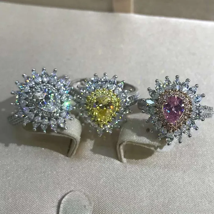 1 Carat Pink Pear Cut Double Halo Starburst Beadset Moissanite Ring Leyloon Jewelry Rings