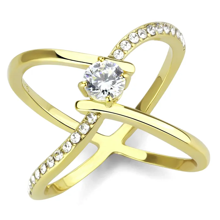 Rings Green CJ3709 Wholesale Womens Stainless Steel IP Gold AAA Grade CZ Clear X Cuff Ring