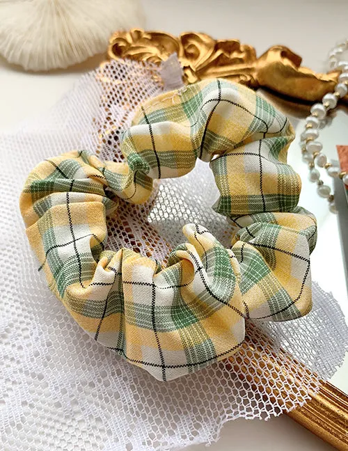 02 Earrings H744 Yellow Green Plaid Print Hair Scrunchie