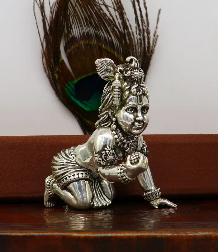 925 Sterling silver customized Idol Krishna Bal Gopal statue figurine laddu gopal sculpture home temple utensil silver article su210 TRIBAL ORNAMENTS Rings