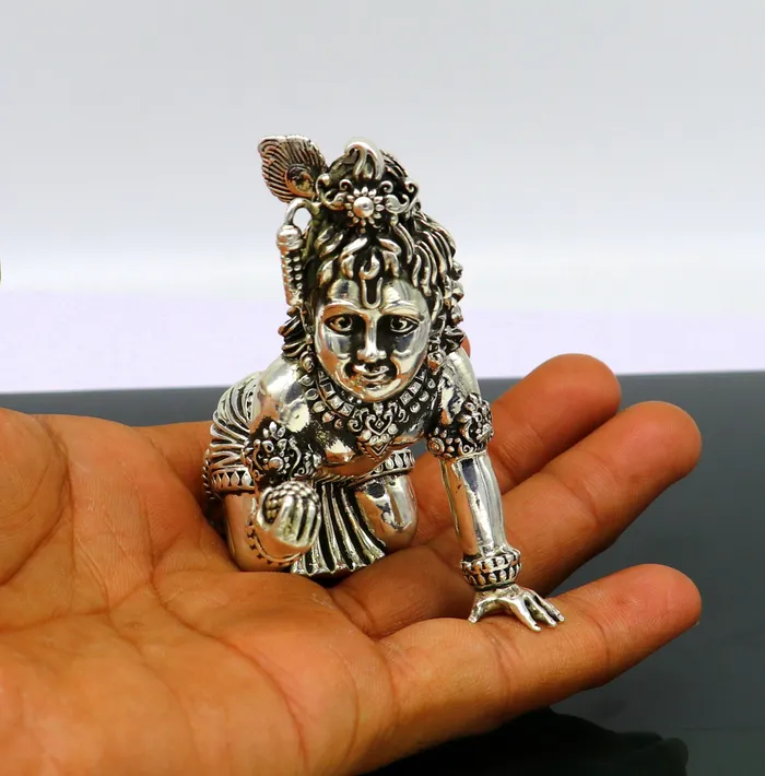 925 Sterling silver customized Idol Krishna Bal Gopal statue figurine laddu gopal sculpture home temple utensil silver article su210 TRIBAL ORNAMENTS Rings