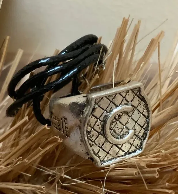 AZ582 Silver C Ring on Leather Cord Necklace with FREE EARRINGS alice Rings