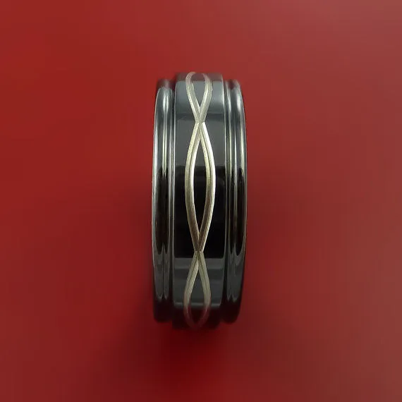 Black Zirconium Ring with Infinity Etched Celtic Design Inlay Custom Made Band Lashbrook Rings Black Zirconium Ring with Infinity Etched Celtic Design Inlay Custom Made Band Lashbrook Rings