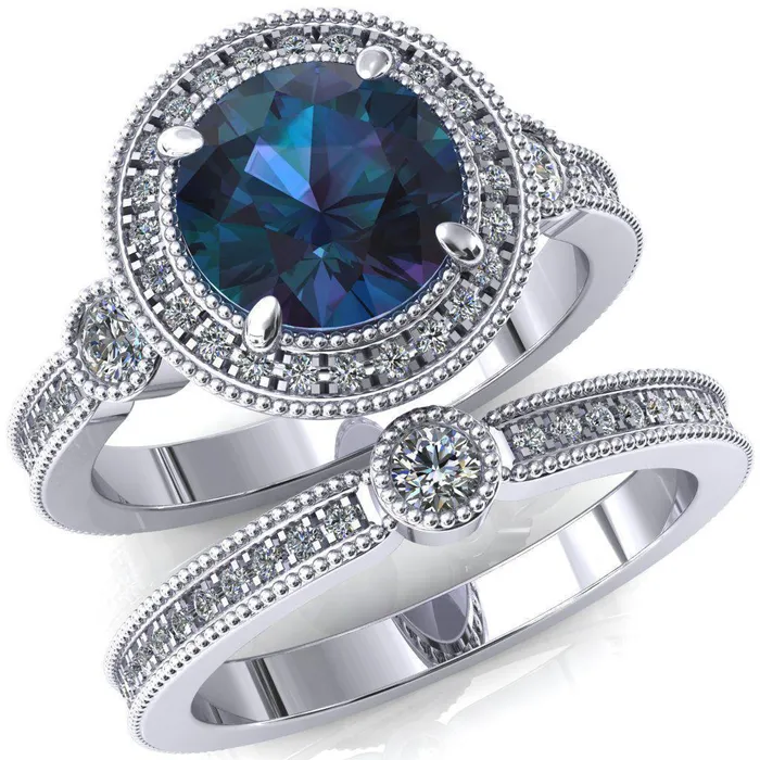 Brachium Round Alexandrite Milgrain Halo 34 Eternity Accent Diamond Ring Fire Brilliance Rings Brachium Round Alexandrite Milgrain Halo 34 Eternity Accent Diamond Ring Fire Brilliance Rings