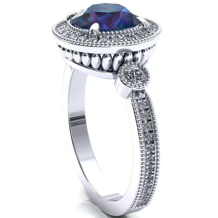 Brachium Round Alexandrite Milgrain Halo 34 Eternity Accent Diamond Ring Fire Brilliance Rings
