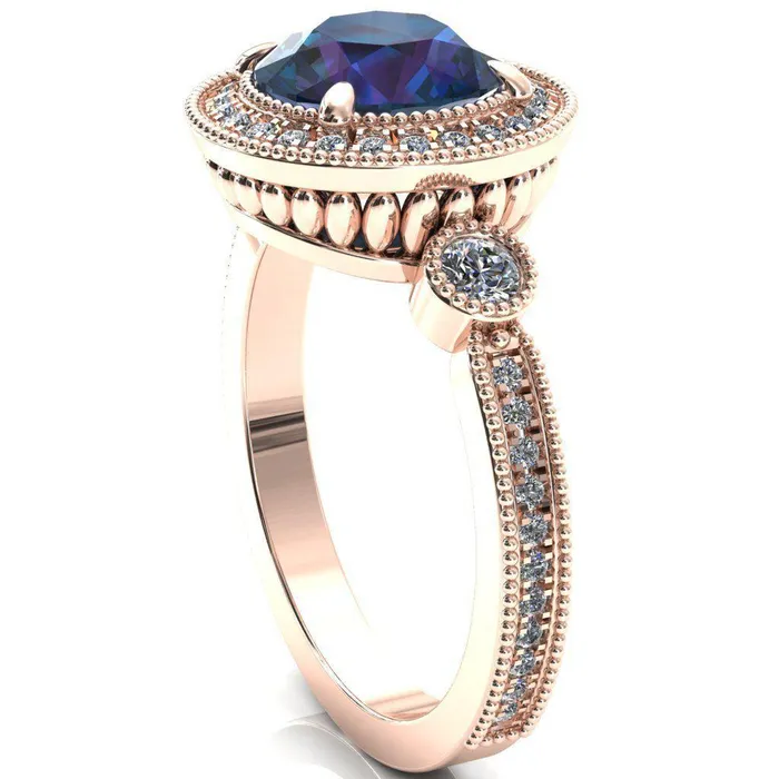 Brachium Round Alexandrite Milgrain Halo 34 Eternity Accent Diamond Ring Fire Brilliance Rings