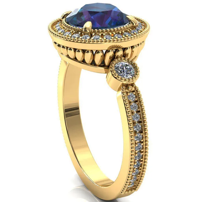 Brachium Round Alexandrite Milgrain Halo 34 Eternity Accent Diamond Ring Fire Brilliance Rings