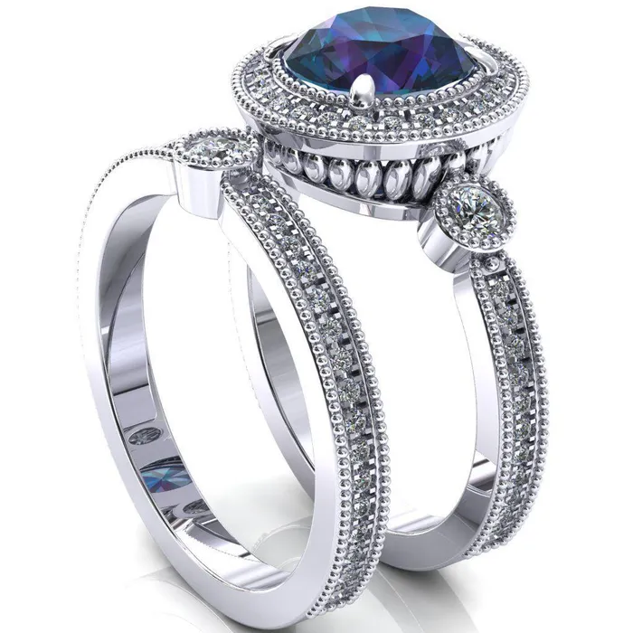 Brachium Round Alexandrite Milgrain Halo 34 Eternity Accent Diamond Ring Fire Brilliance Rings
