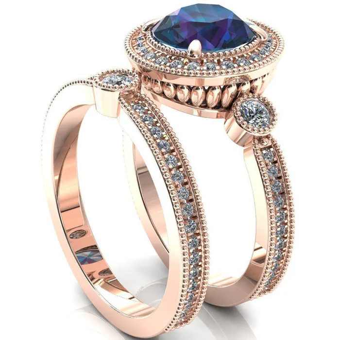 Brachium Round Alexandrite Milgrain Halo 34 Eternity Accent Diamond Ring Fire Brilliance Rings