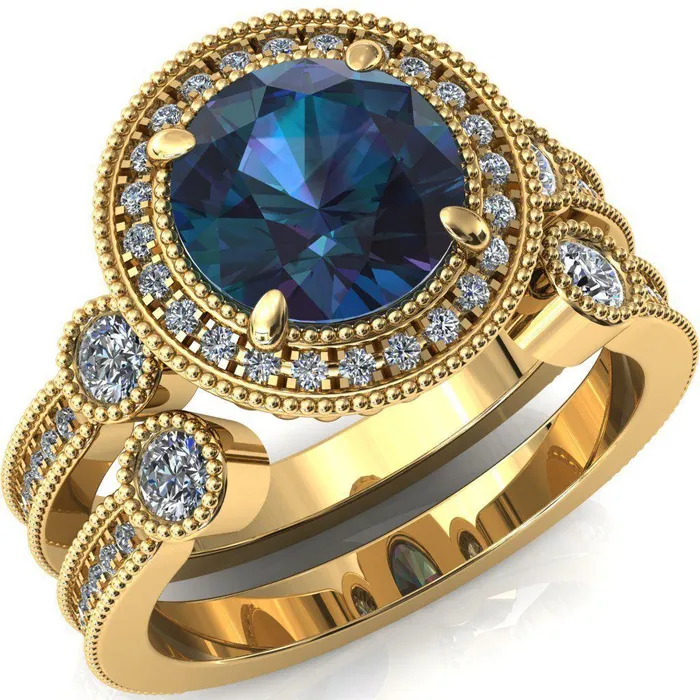 Brachium Round Alexandrite Milgrain Halo 34 Eternity Accent Diamond Ring Fire Brilliance Rings