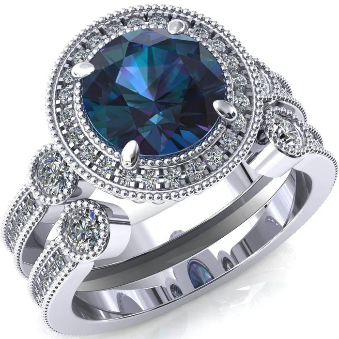 Brachium Round Alexandrite Milgrain Halo 34 Eternity Accent Diamond Ring Fire Brilliance Rings