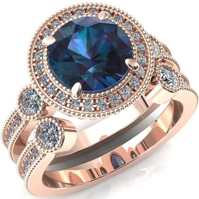 Brachium Round Alexandrite Milgrain Halo 34 Eternity Accent Diamond Ring Fire Brilliance Rings