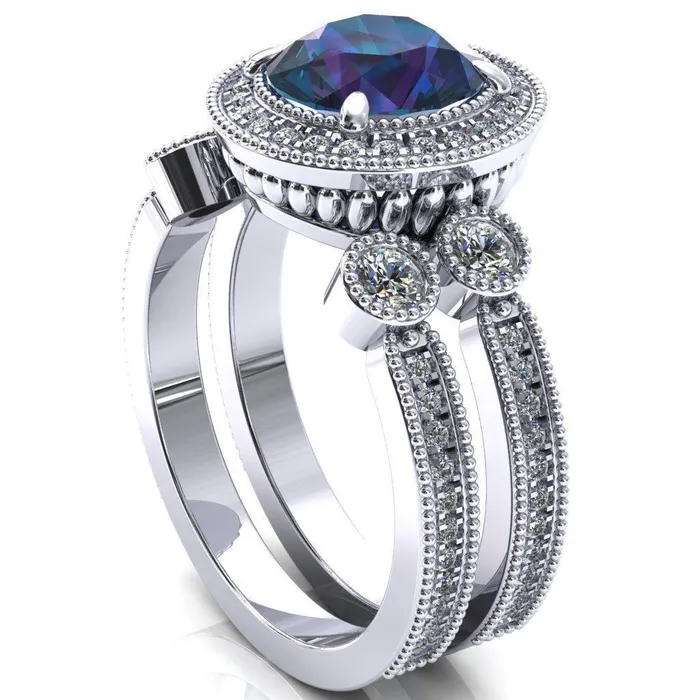 Brachium Round Alexandrite Milgrain Halo 34 Eternity Accent Diamond Ring Fire Brilliance Rings