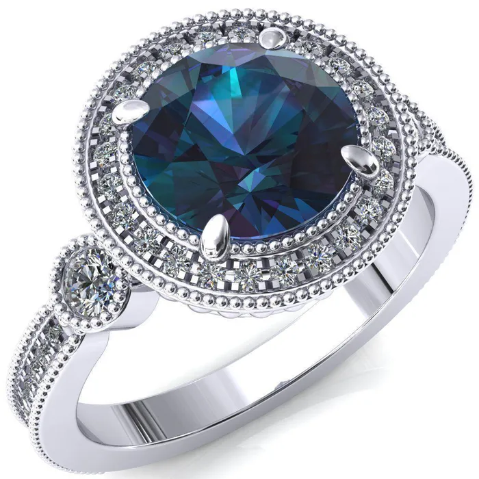 Brachium Round Alexandrite Milgrain Halo 34 Eternity Accent Diamond Ring Fire Brilliance Rings