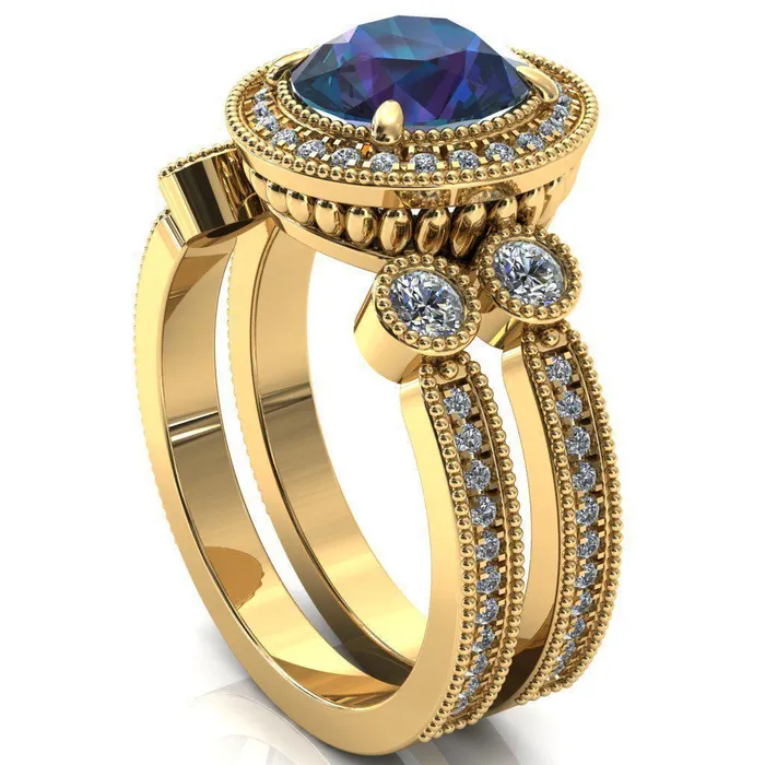 Brachium Round Alexandrite Milgrain Halo 34 Eternity Accent Diamond Ring Fire Brilliance Rings