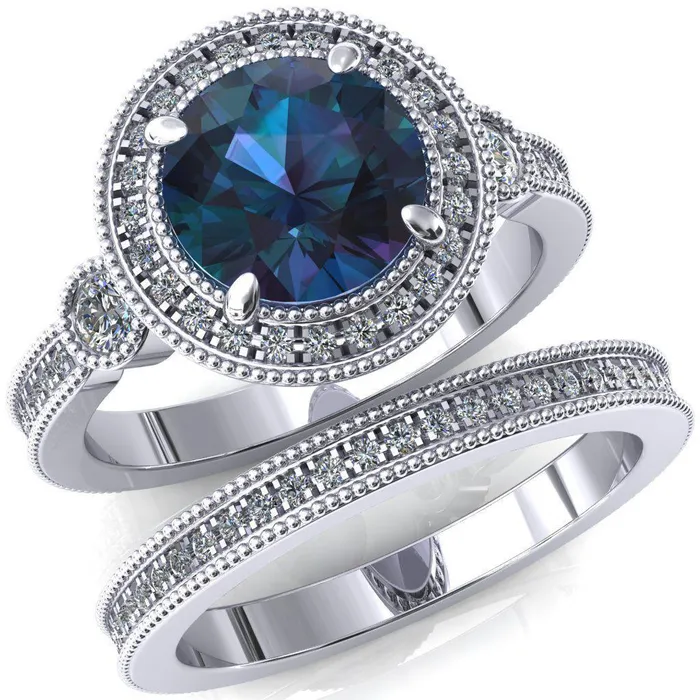 Brachium Round Alexandrite Milgrain Halo 34 Eternity Accent Diamond Ring Fire Brilliance Rings