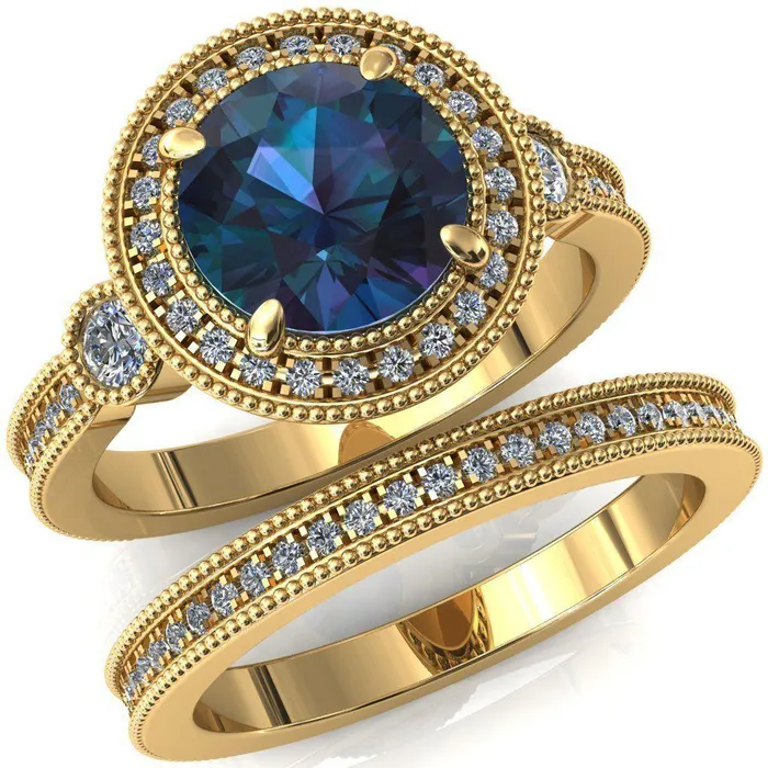Brachium Round Alexandrite Milgrain Halo 34 Eternity Accent Diamond Ring Fire Brilliance Rings
