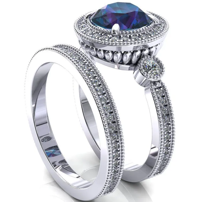 Brachium Round Alexandrite Milgrain Halo 34 Eternity Accent Diamond Ring Fire Brilliance Rings