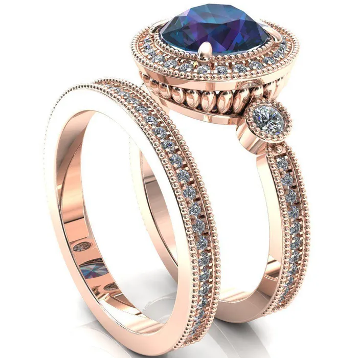 Brachium Round Alexandrite Milgrain Halo 34 Eternity Accent Diamond Ring Fire Brilliance Rings