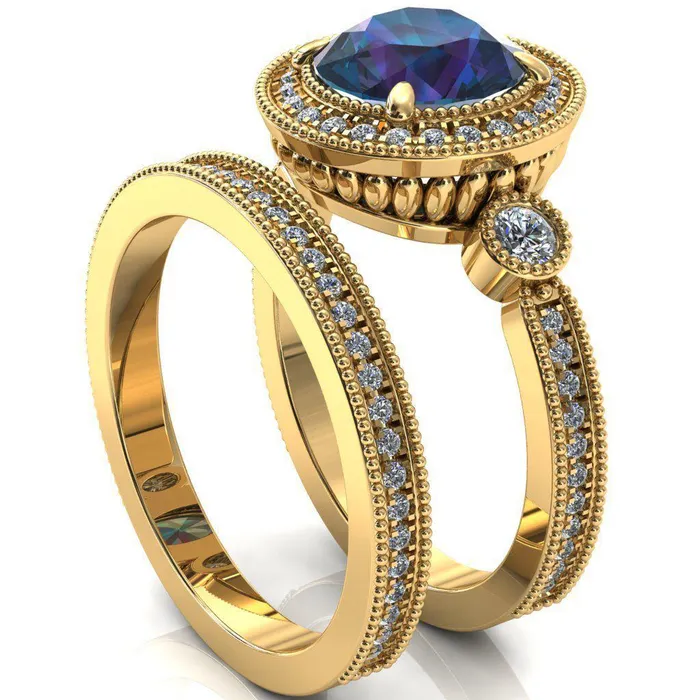 Brachium Round Alexandrite Milgrain Halo 34 Eternity Accent Diamond Ring Fire Brilliance Rings