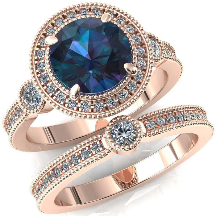 Brachium Round Alexandrite Milgrain Halo 34 Eternity Accent Diamond Ring Fire Brilliance Rings