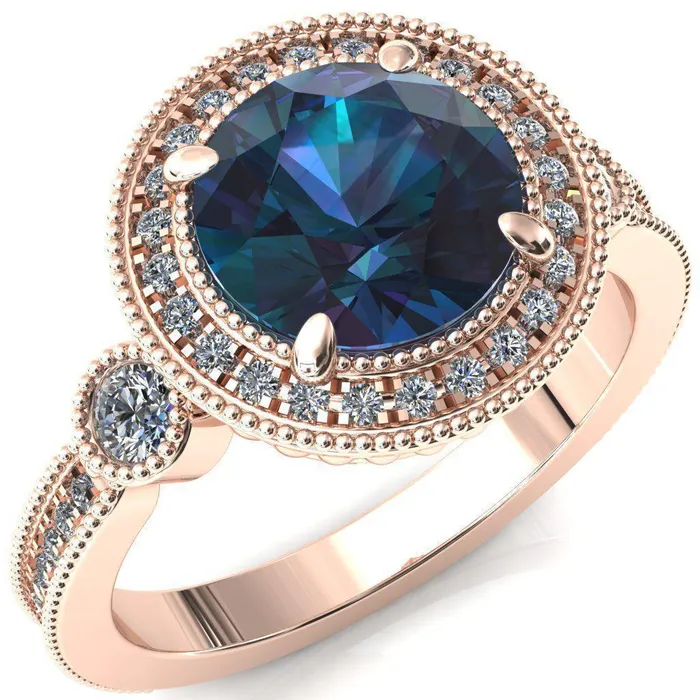 Brachium Round Alexandrite Milgrain Halo 34 Eternity Accent Diamond Ring Fire Brilliance Rings