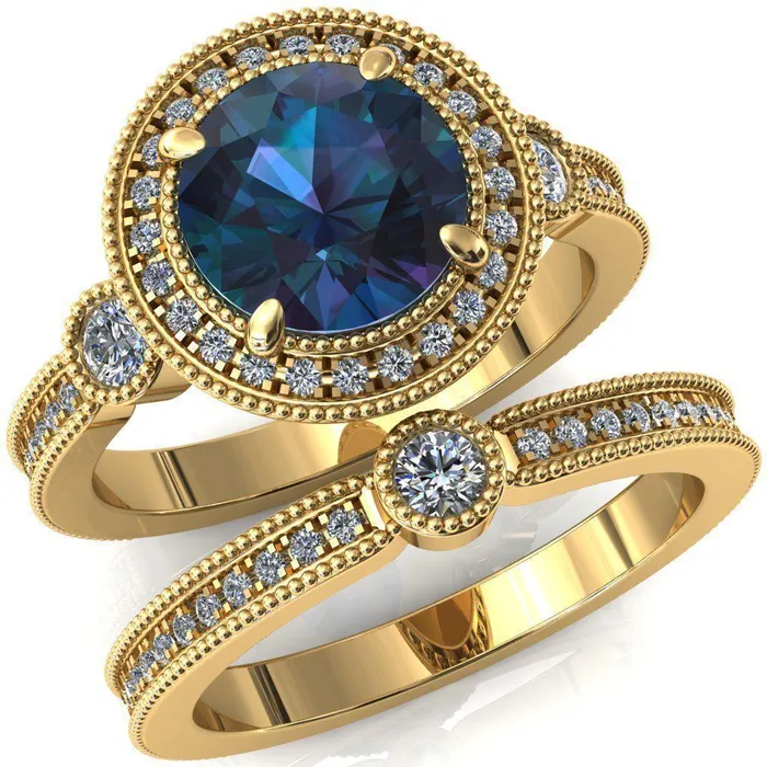 Brachium Round Alexandrite Milgrain Halo 34 Eternity Accent Diamond Ring Fire Brilliance Rings