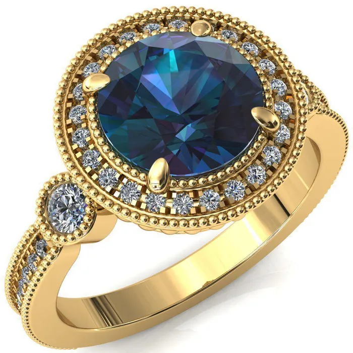 Brachium Round Alexandrite Milgrain Halo 34 Eternity Accent Diamond Ring Fire Brilliance Rings