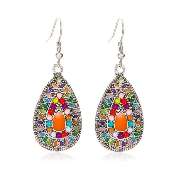 Earrings 01 E918 Silver Colorful Bead Enamel Teardrop Earrings