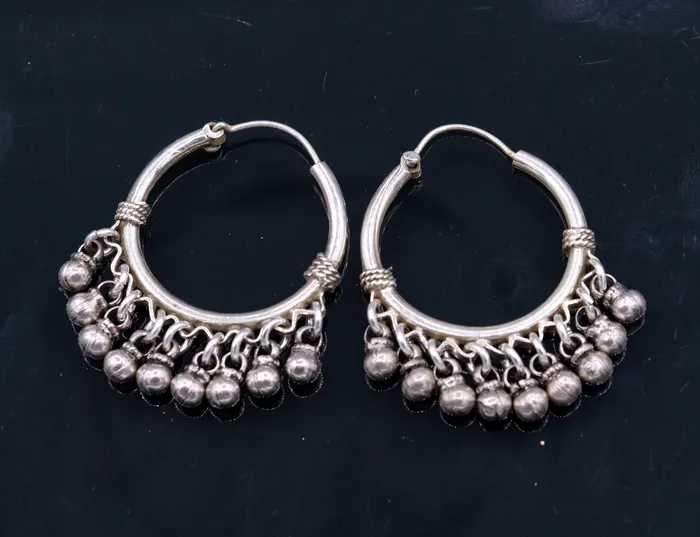 Earrings TRIBAL ORNAMENTS 925 Sterling silver handmade fabulous hoops earrings with hanging bells amazing antique designer earrings jewelry for girls s334 Earrings TRIBAL ORNAMENTS 925 Sterling silver handmade fabulous hoops earrings with hanging bells amazing antique designer earrings jewelry for girls s334