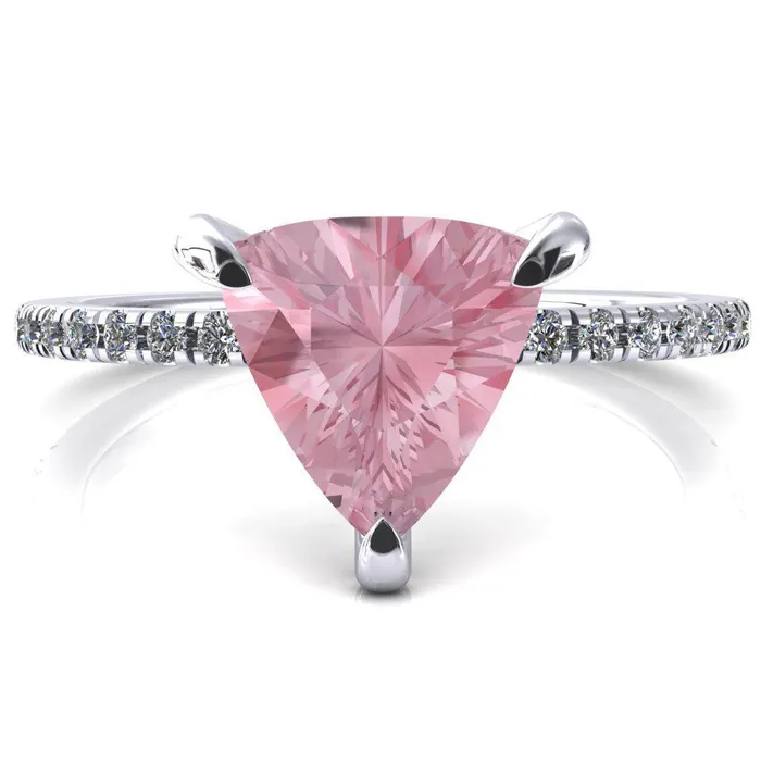 Ezili Trillion Pink Sapphire 3 Claw Prong Micro Pave Diamond Sides Engagement Ring Fire Brilliance Rings Ezili Trillion Pink Sapphire 3 Claw Prong Micro Pave Diamond Sides Engagement Ring Fire Brilliance Rings
