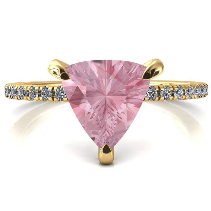 Ezili Trillion Pink Sapphire 3 Claw Prong Micro Pave Diamond Sides Engagement Ring Fire Brilliance Rings