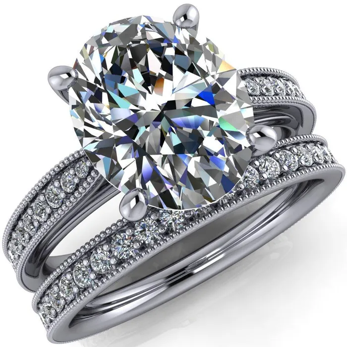 Fire Brilliance Hathaway Oval Center Stone 4 Prong Milgrain Cathedral Engagement Ring Rings