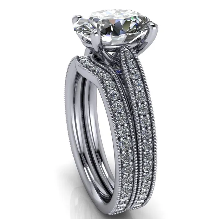 Fire Brilliance Hathaway Oval Center Stone 4 Prong Milgrain Cathedral Engagement Ring Rings
