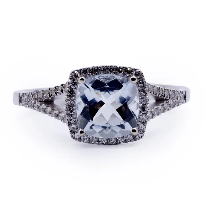 Fire Brilliance Rings Cushion Natural Aquamarine Setting with Diamond Accented Halo and Split Shank Ring Fire Brilliance Rings Cushion Natural Aquamarine Setting with Diamond Accented Halo and Split Shank Ring