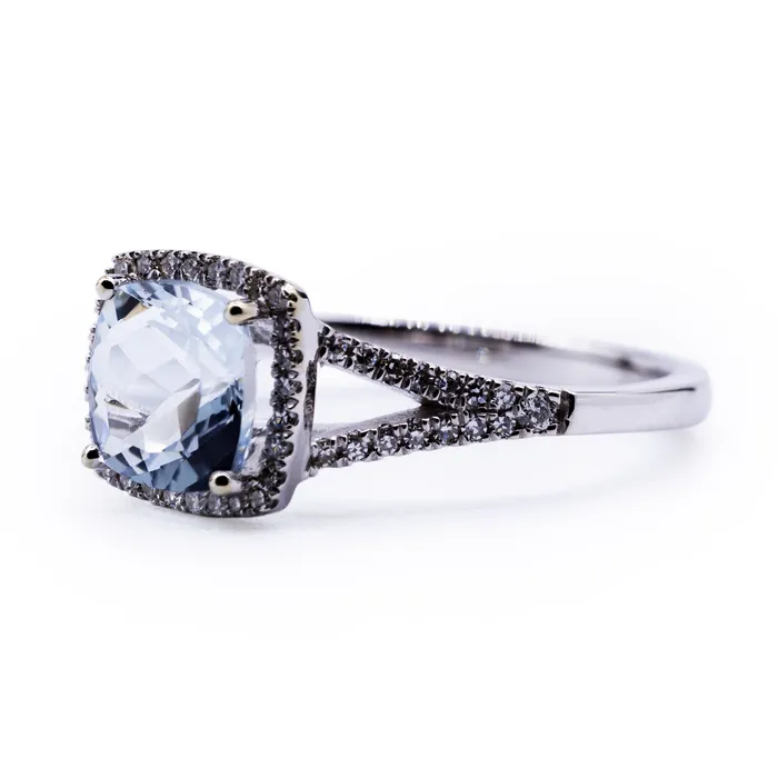 Fire Brilliance Rings Cushion Natural Aquamarine Setting with Diamond Accented Halo and Split Shank Ring