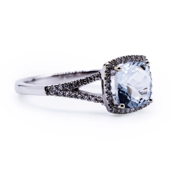 Fire Brilliance Rings Cushion Natural Aquamarine Setting with Diamond Accented Halo and Split Shank Ring