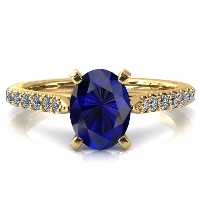 Fire Brilliance Rings Kelsy Oval Blue Sapphire 4 Prong 34 Shared Scalloped Inverted Cathedral Ring