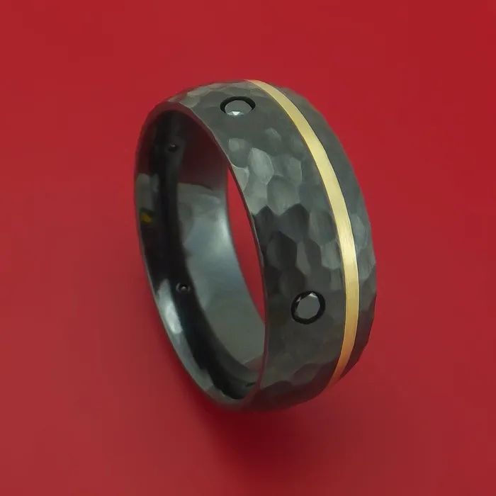 Lashbrook Rings Hammered Black Zirconium Ring with 14k Yellow Gold Inlay and Black Diamonds Custom Made Band Lashbrook Rings Hammered Black Zirconium Ring with 14k Yellow Gold Inlay and Black Diamonds Custom Made Band