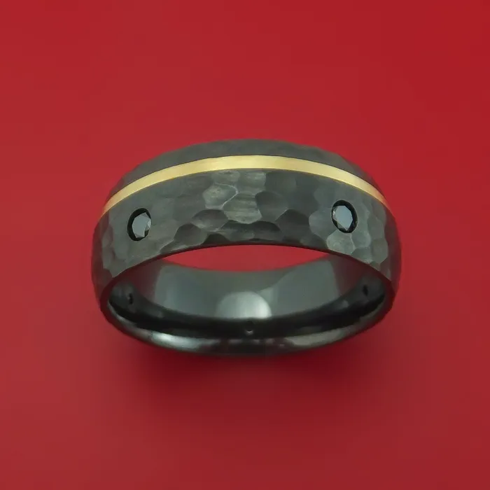 Lashbrook Rings Hammered Black Zirconium Ring with 14k Yellow Gold Inlay and Black Diamonds Custom Made Band Lashbrook Rings Hammered Black Zirconium Ring with 14k Yellow Gold Inlay and Black Diamonds Custom Made Band