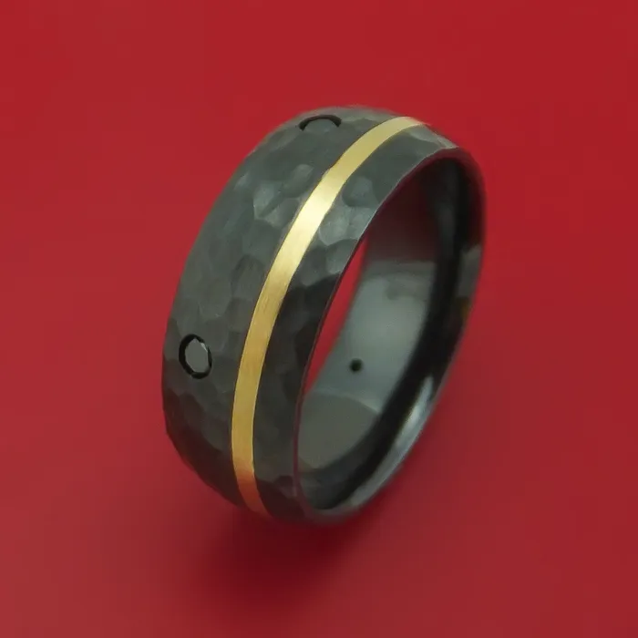 Lashbrook Rings Hammered Black Zirconium Ring with 14k Yellow Gold Inlay and Black Diamonds Custom Made Band Lashbrook Rings Hammered Black Zirconium Ring with 14k Yellow Gold Inlay and Black Diamonds Custom Made Band
