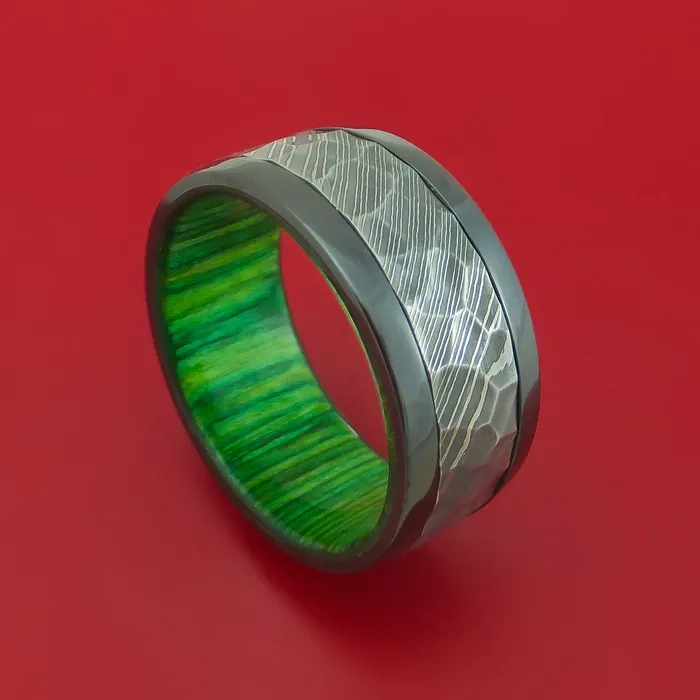 Lashbrook Wide Black Zirconium Ring with Damascus Steel Inlay and Interior Hardwood Sleeve Custom Made Band Rings Lashbrook Wide Black Zirconium Ring with Damascus Steel Inlay and Interior Hardwood Sleeve Custom Made Band Rings