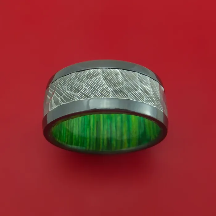 Lashbrook Wide Black Zirconium Ring with Damascus Steel Inlay and Interior Hardwood Sleeve Custom Made Band Rings