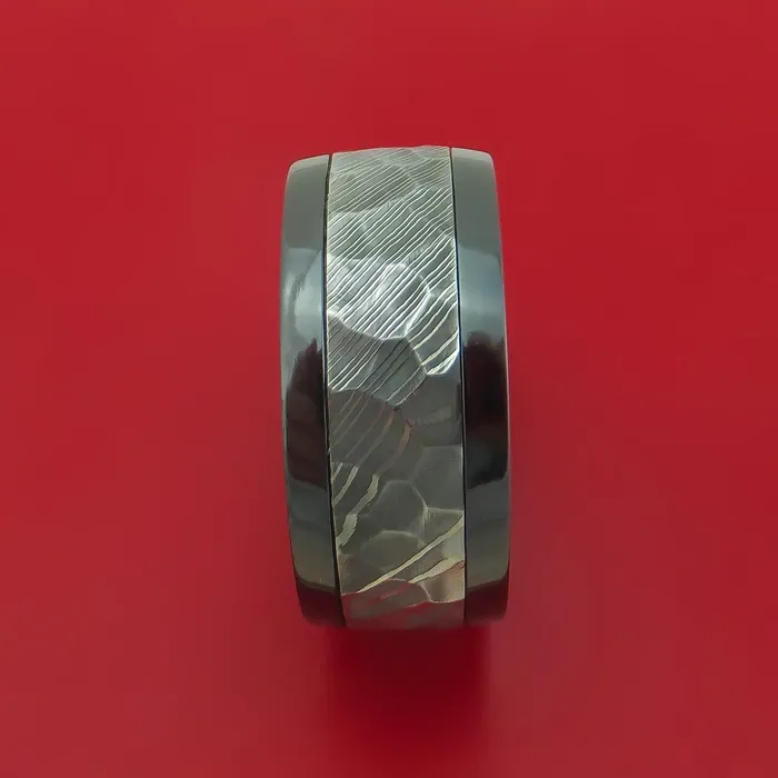 Lashbrook Wide Black Zirconium Ring with Damascus Steel Inlay and Interior Hardwood Sleeve Custom Made Band Rings